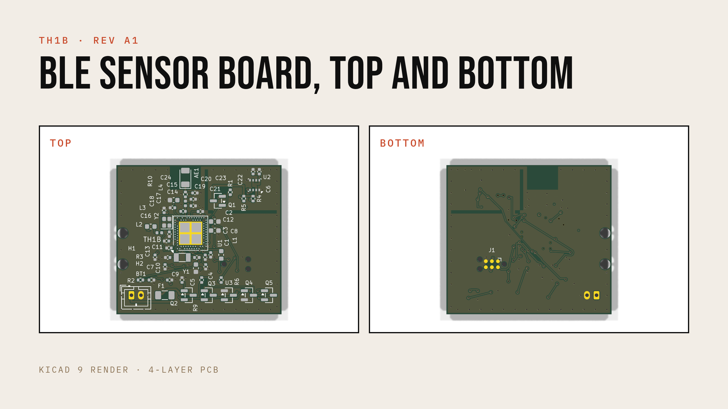 KiCad render of the TH1B sensor board, top and bottom